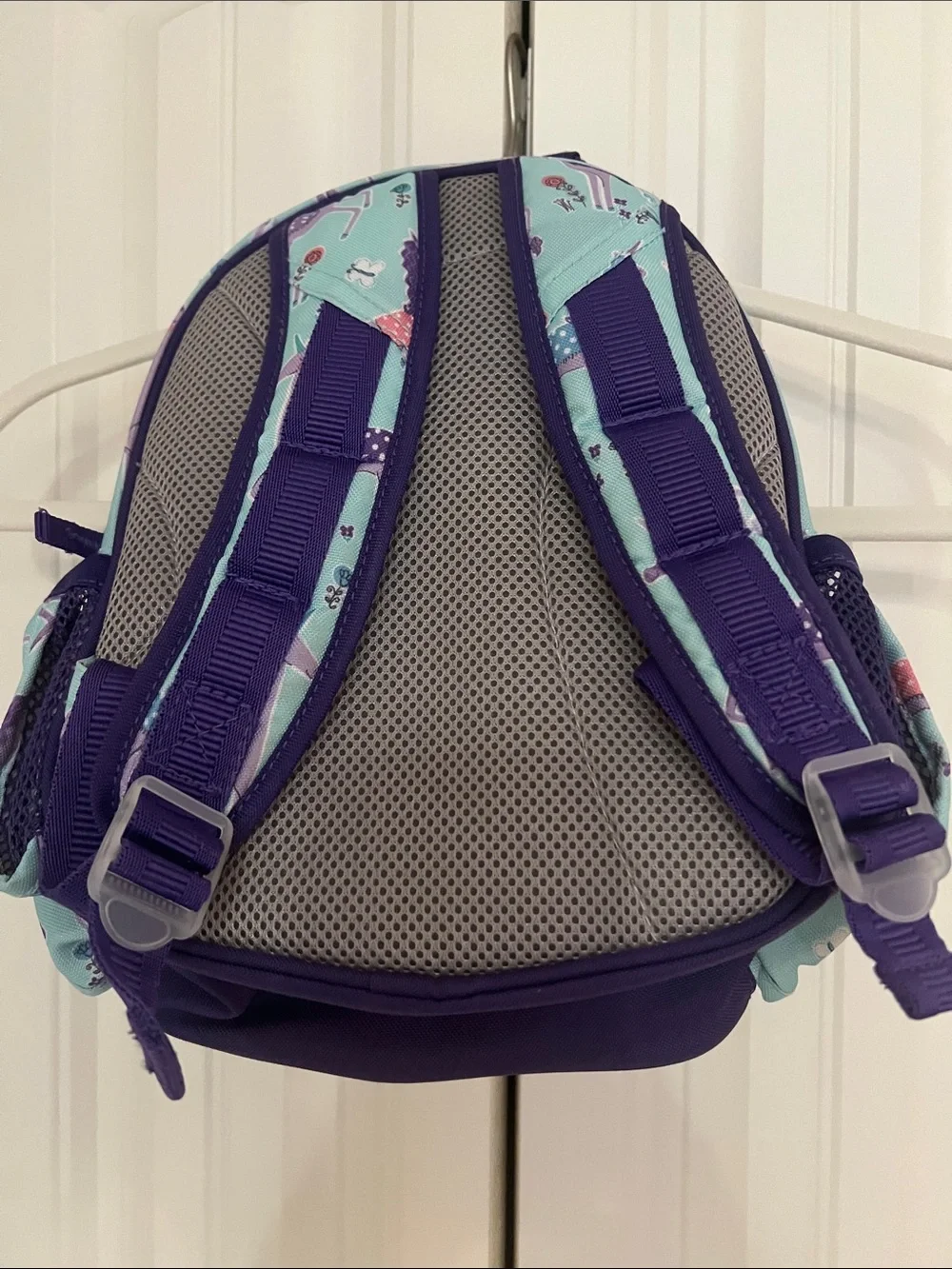 Kids Unicorn Print Mini Backpack in Light Blue and Purple. Monogrammed Letter S.